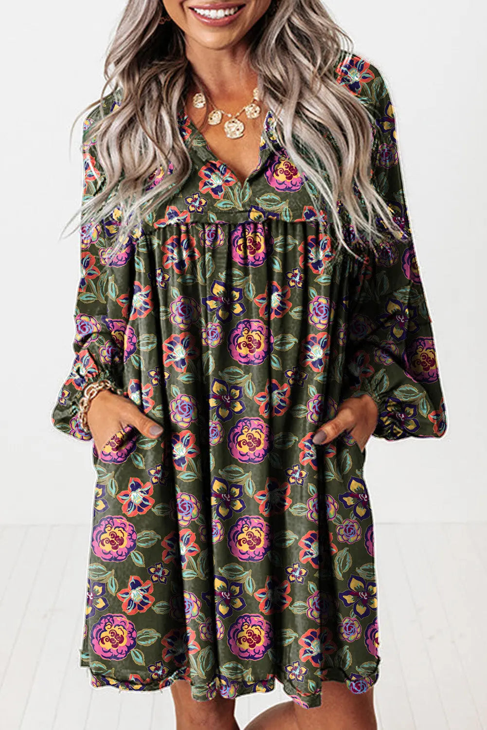 Floral Print Split Neck Bubble Sleeve Mini Dress
