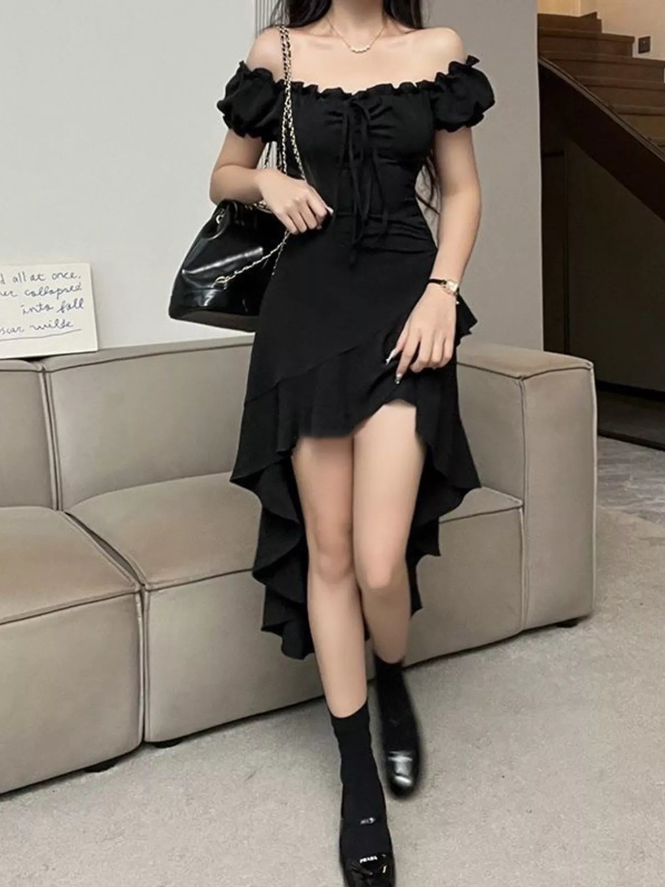 Off-Shoulder Ruffle Hem High Low Dress