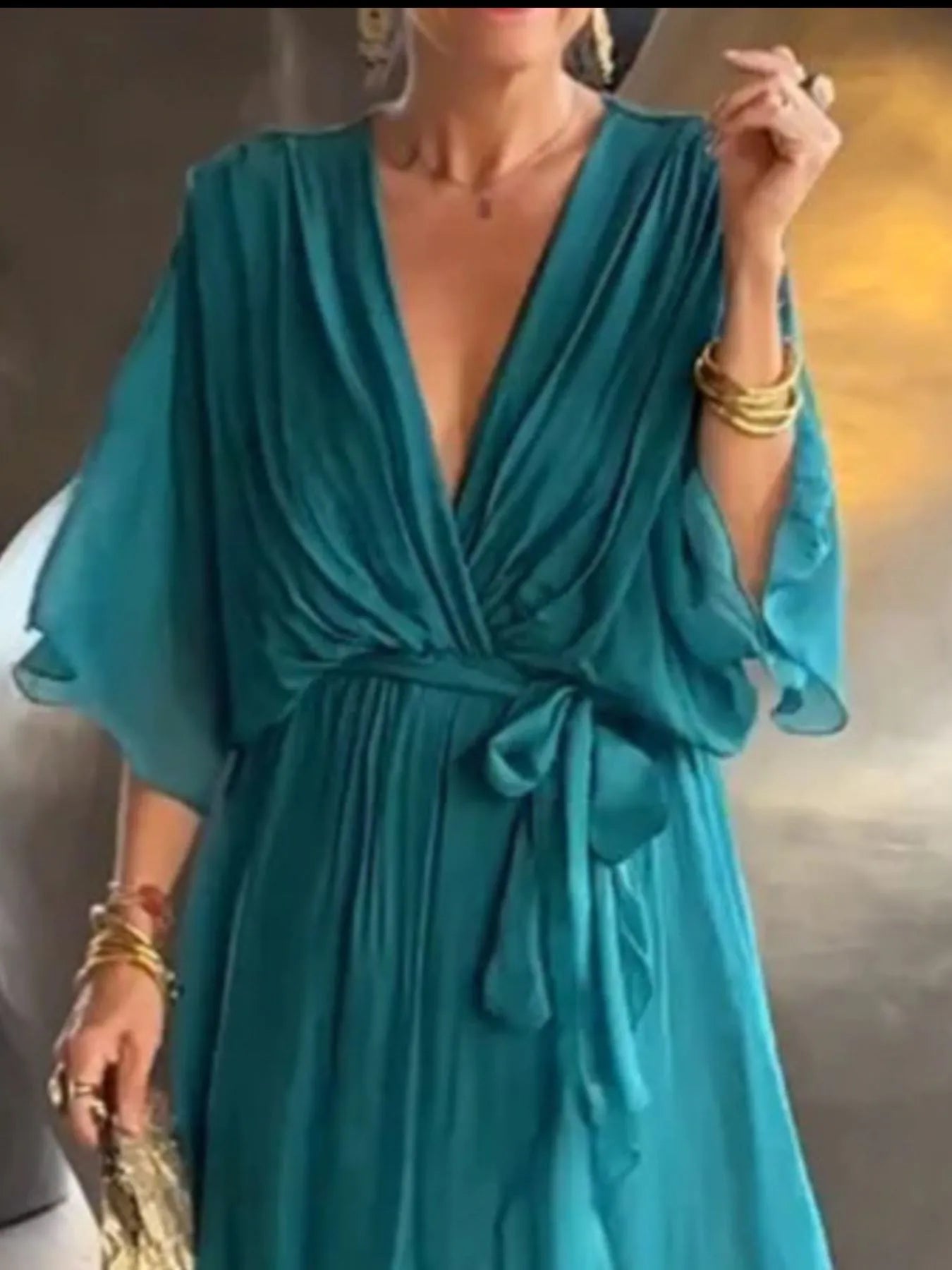 Flowy Tie Front Midi Dress with Flutter Sleeves