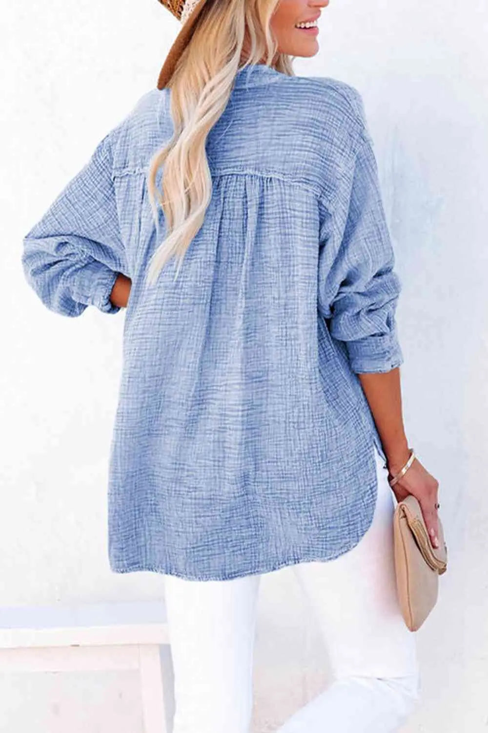 Women's Textured Cotton Buttoned Long Sleeve Blouse