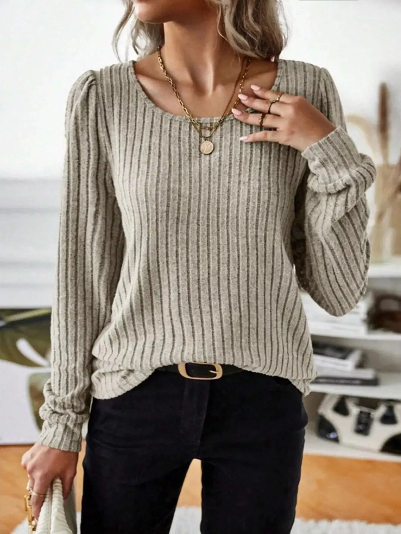 Ribbed Knit Long Sleeve T Shirt