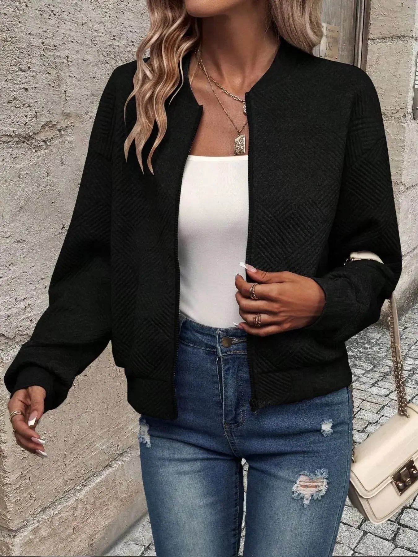 Texture Zip Up Bomber Jacket