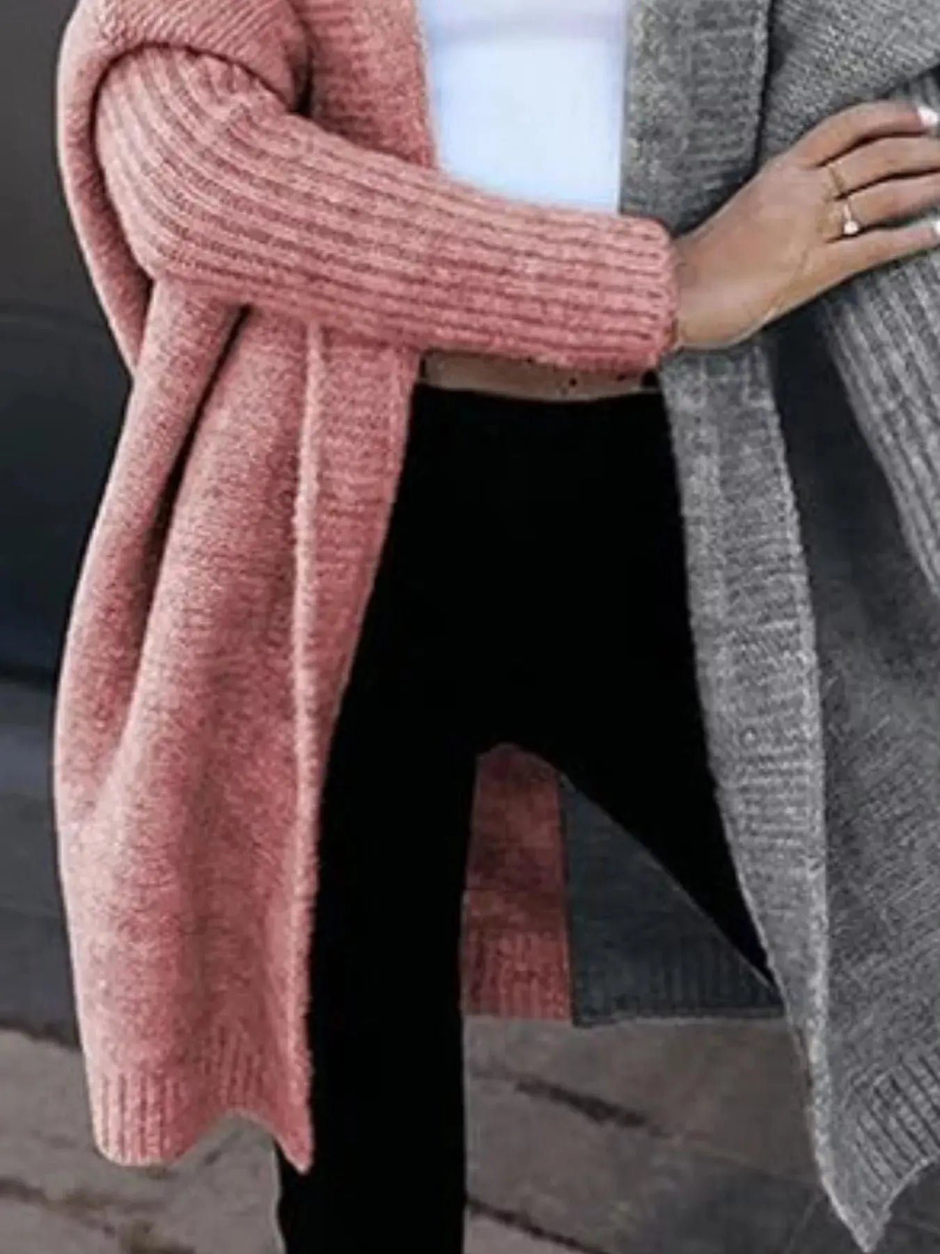 Two-Tone Hooded Open Front Knit Cardigan