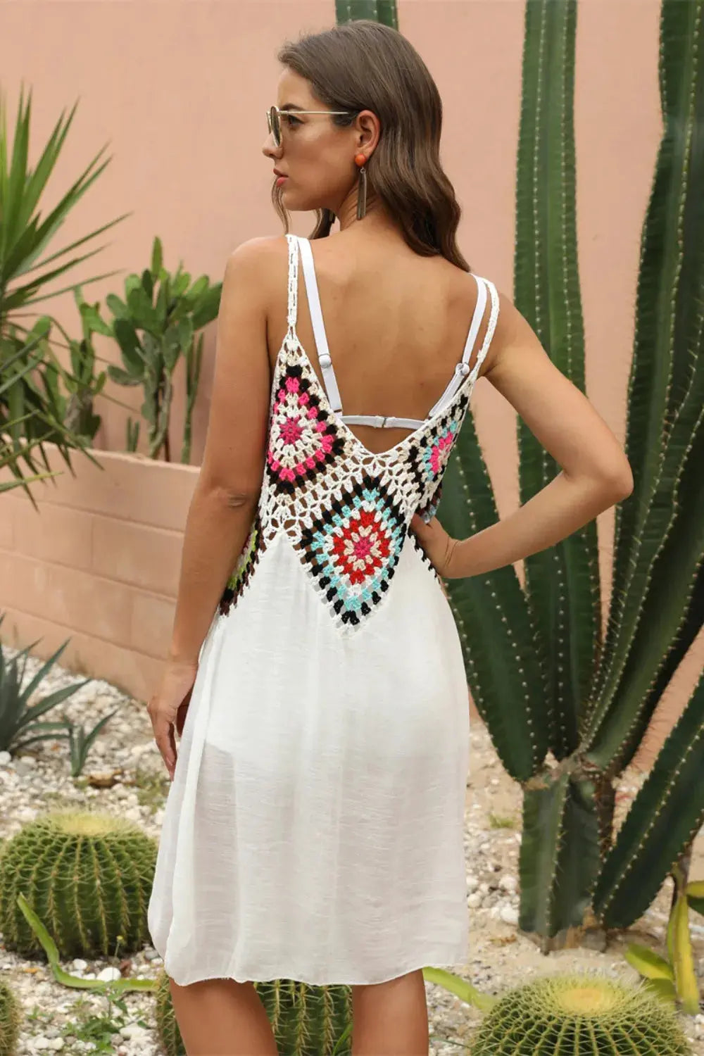Crochet Geometric V-Neck Spaghetti Strap Cover Up Dress