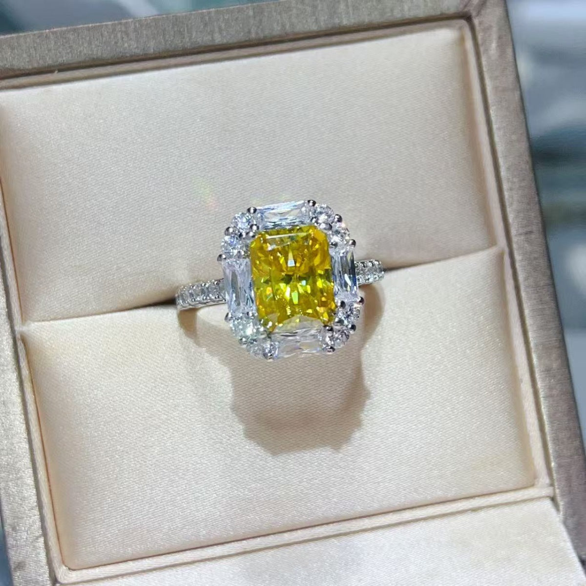 Yellow Halo 3 Carat Moissanite Ring in 925 Sterling Silver