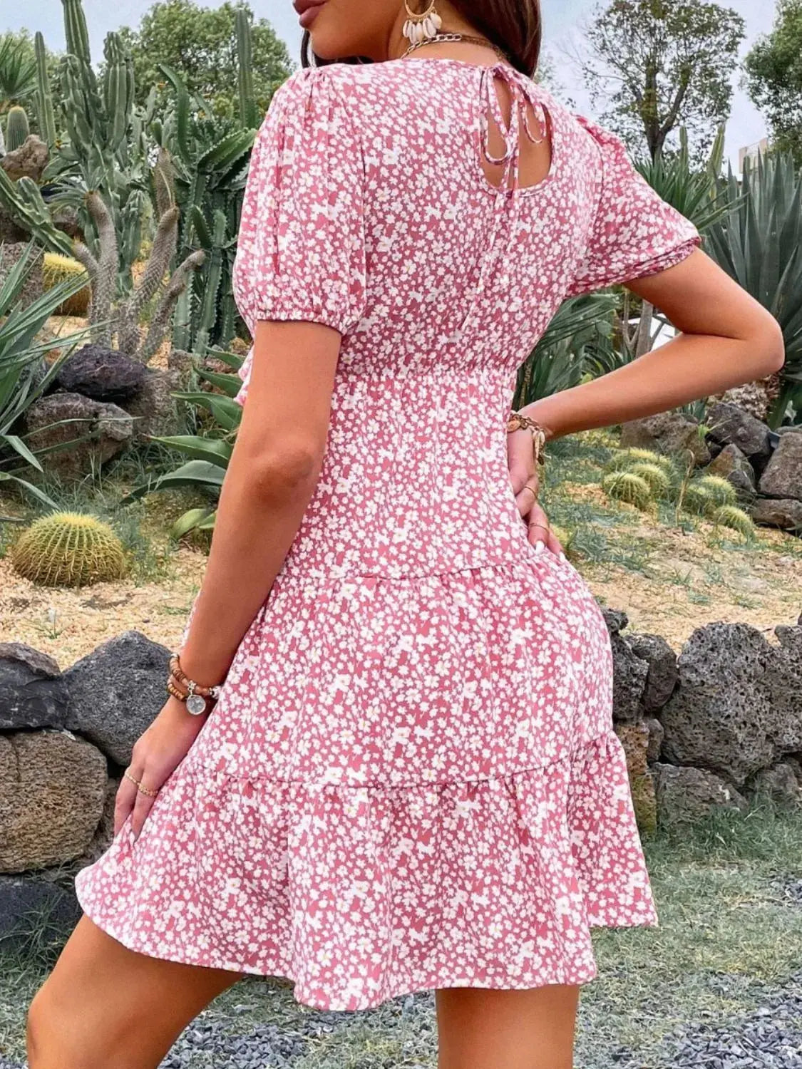 Floral Puff Sleeve Mini Wrap Dress – Pink Ditsy Ruffle Hem