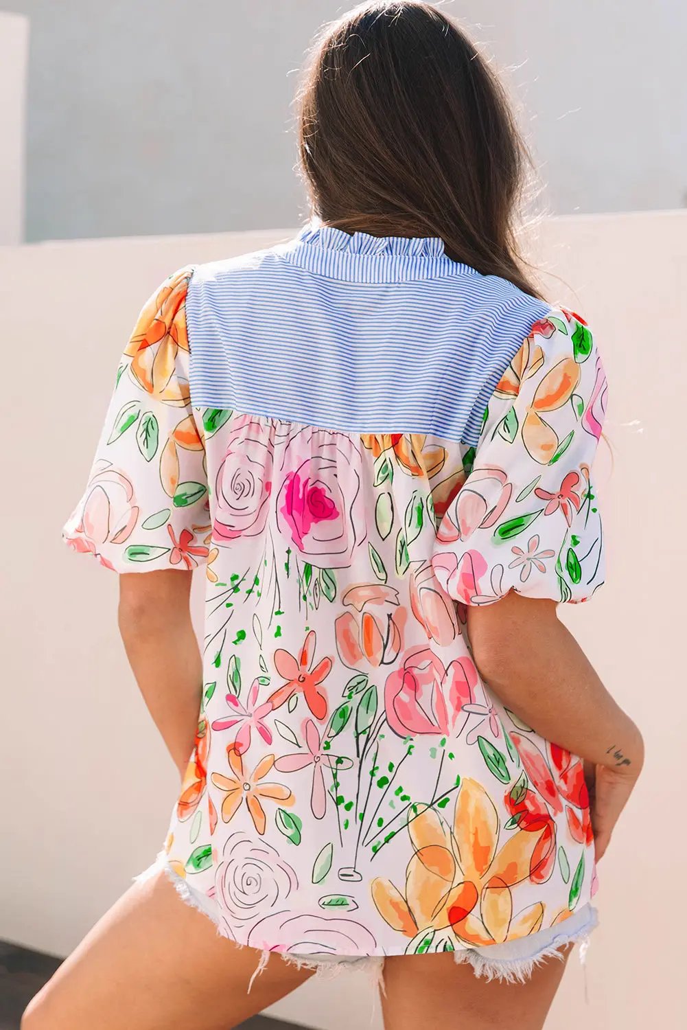 Blouse - Floral Stripe Puff Sleeve Frill Neck - Daily Wear