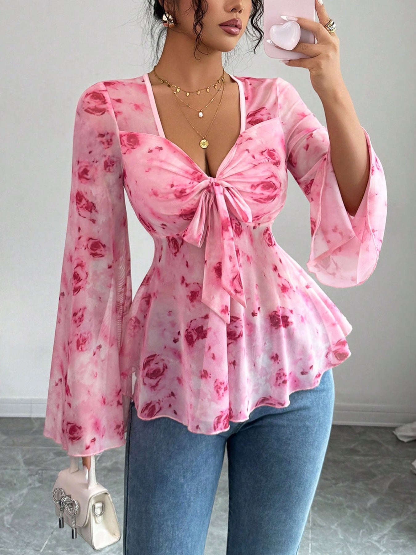 Floral Print Tie Front Chiffon Flare Sleeve Blouse