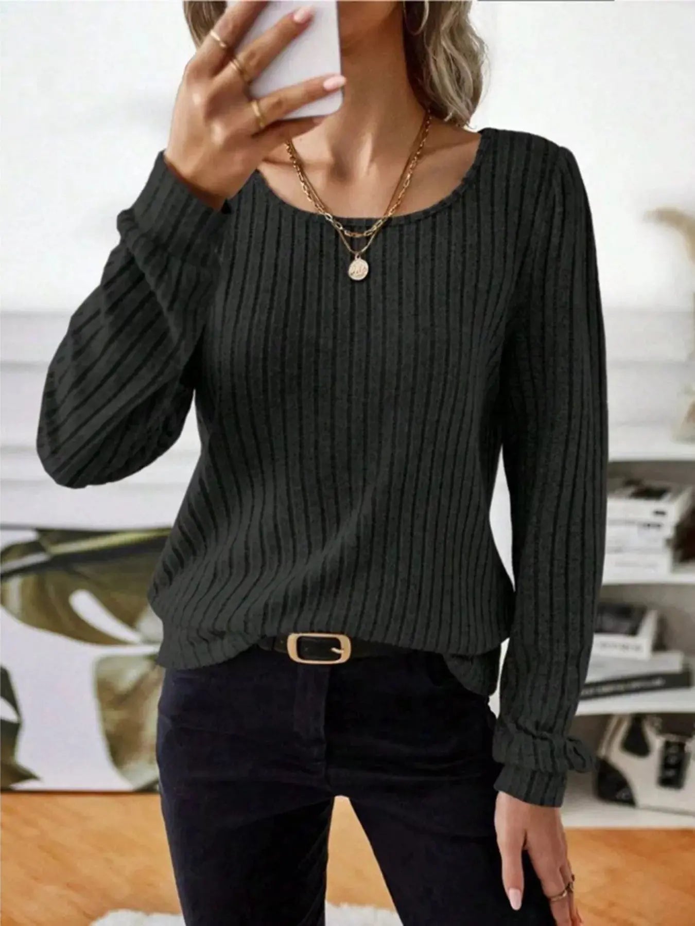 Ribbed Knit Long Sleeve T Shirt