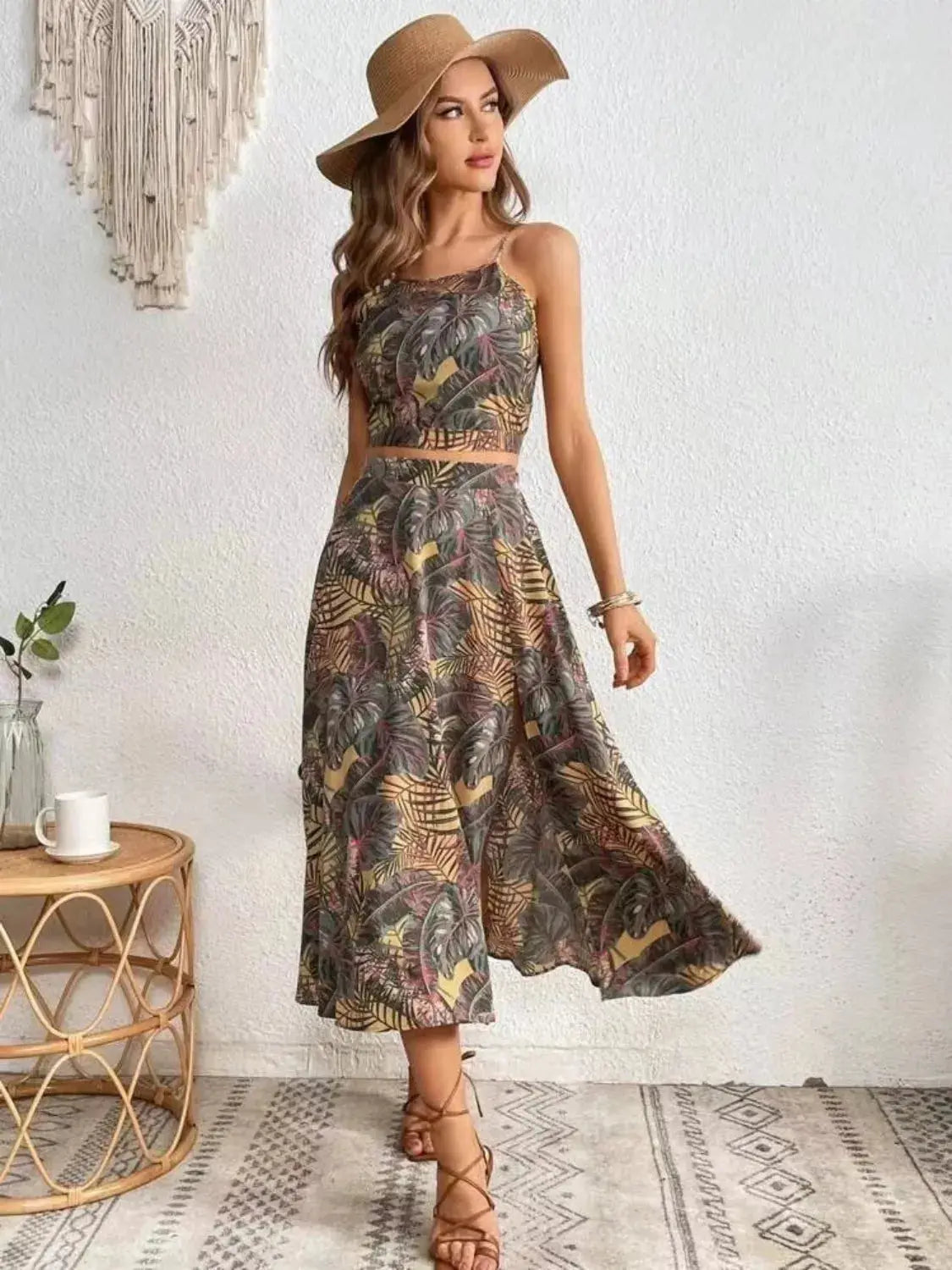 Tropical Leaf Print Two Piece Midi Skirt Set