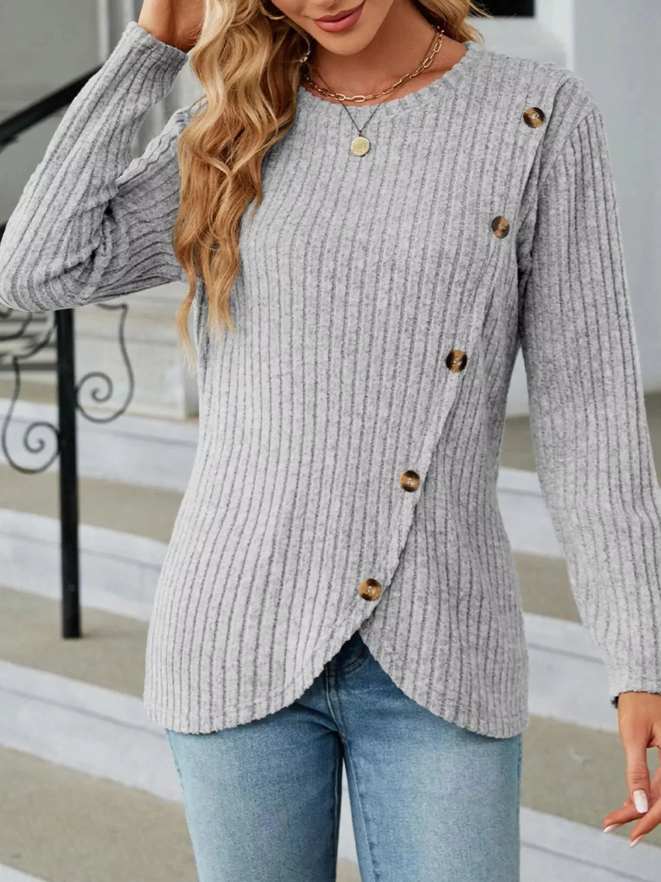 Decorative Button Ribbed Knit T Shirt