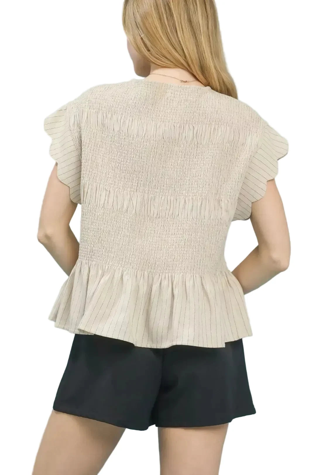 Beige Pinstripe Smocked Peplum Top