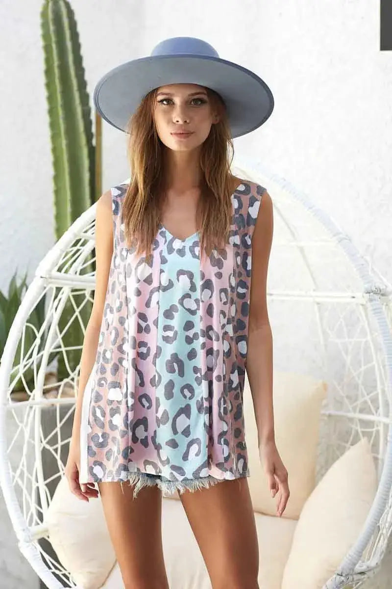 Trendsi Leopard Color Block Tank Top - Sleeveless Women's