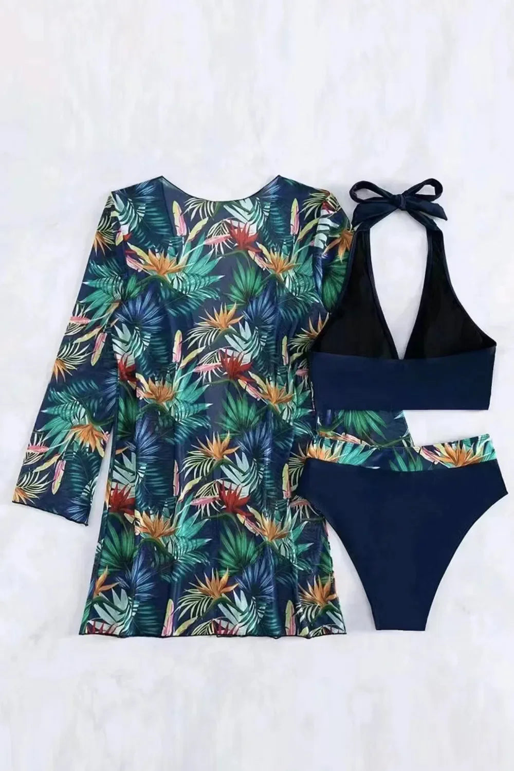 Printed Halter Neck Three Piece Swim Set