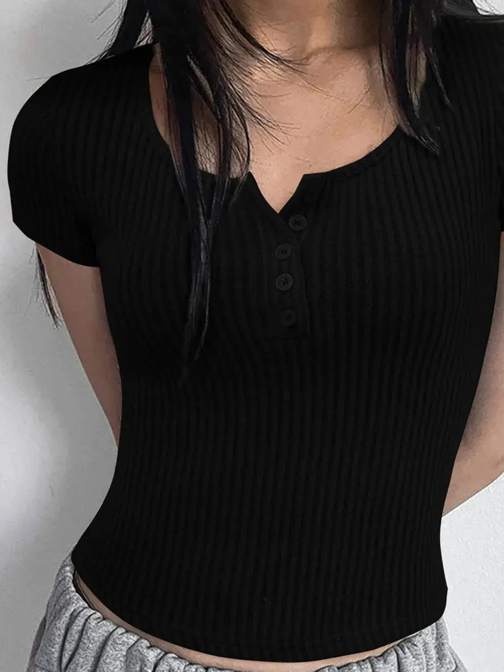 Ribbed Button Detail Round Neck Short Sleeve T Shirt