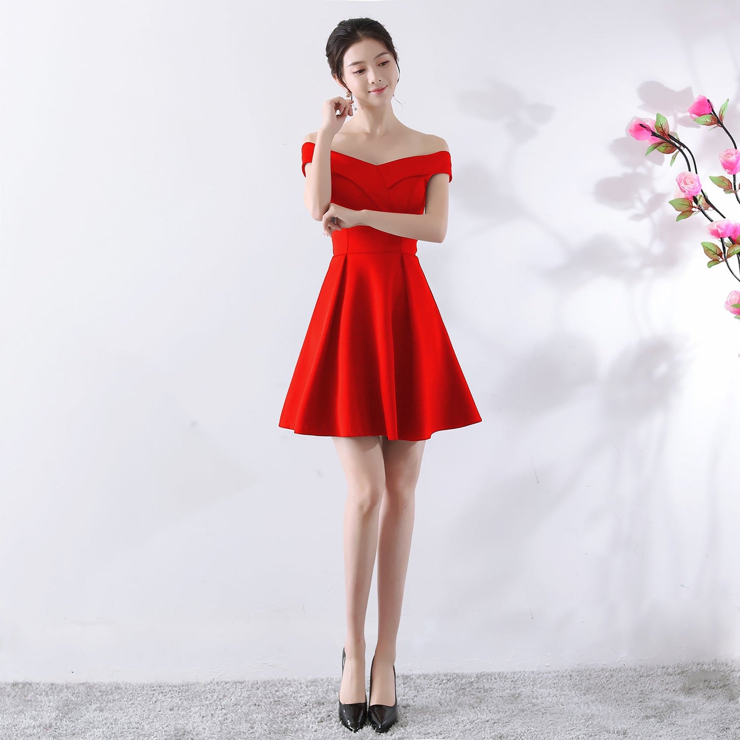 Toast Dress Bride Spring Wedding Summer Red Short off Shoulder Wedding Dress