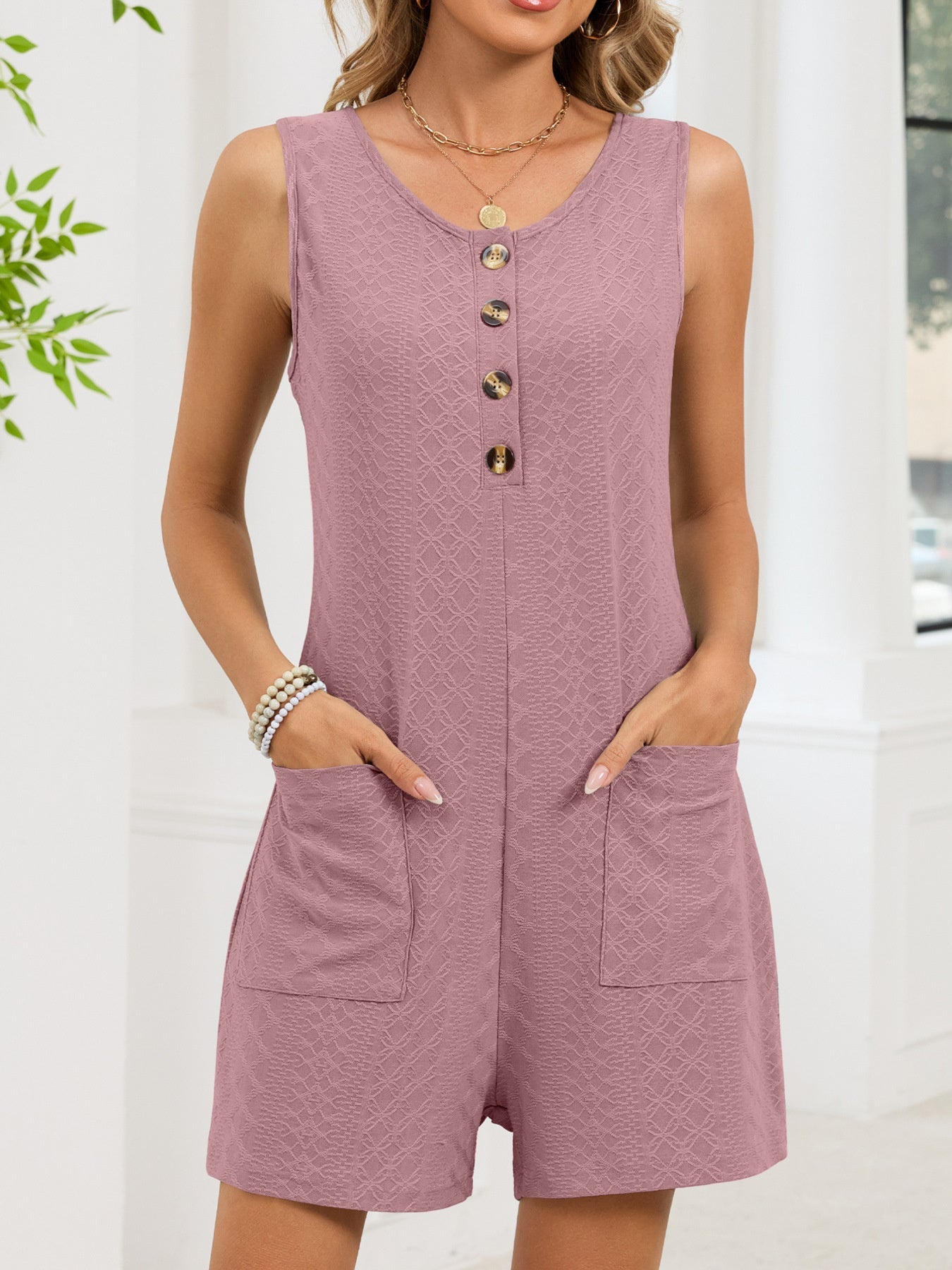 Textured Button Front Sleeveless Romper