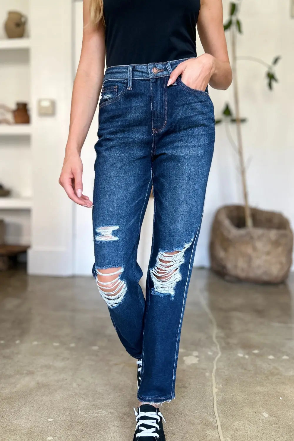 Denim Vest High Waist Jeans by Trendsi - Stretch