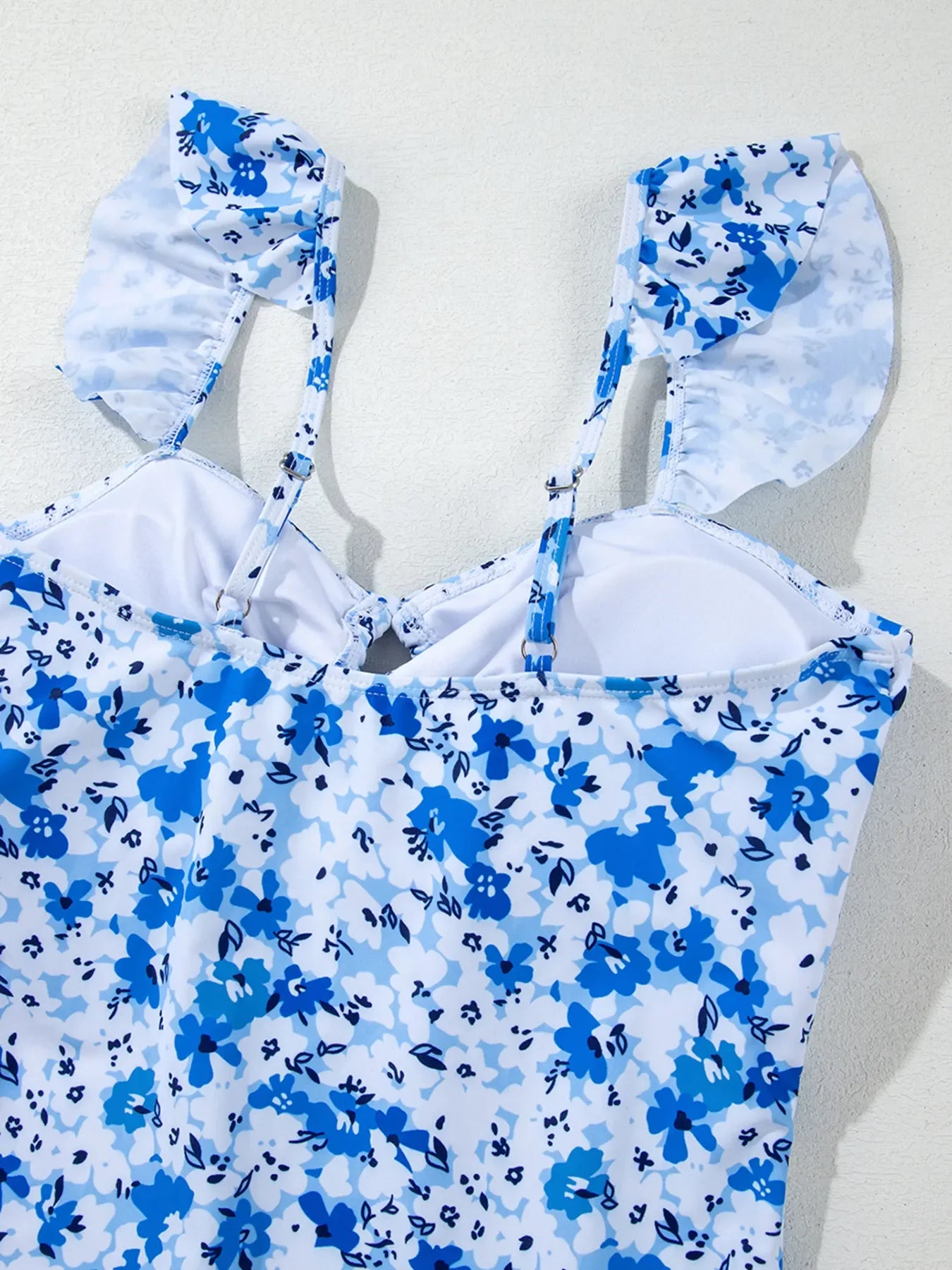 Floral Ruffled Strap Hollow Out Lace Up One Piece Swimsuit