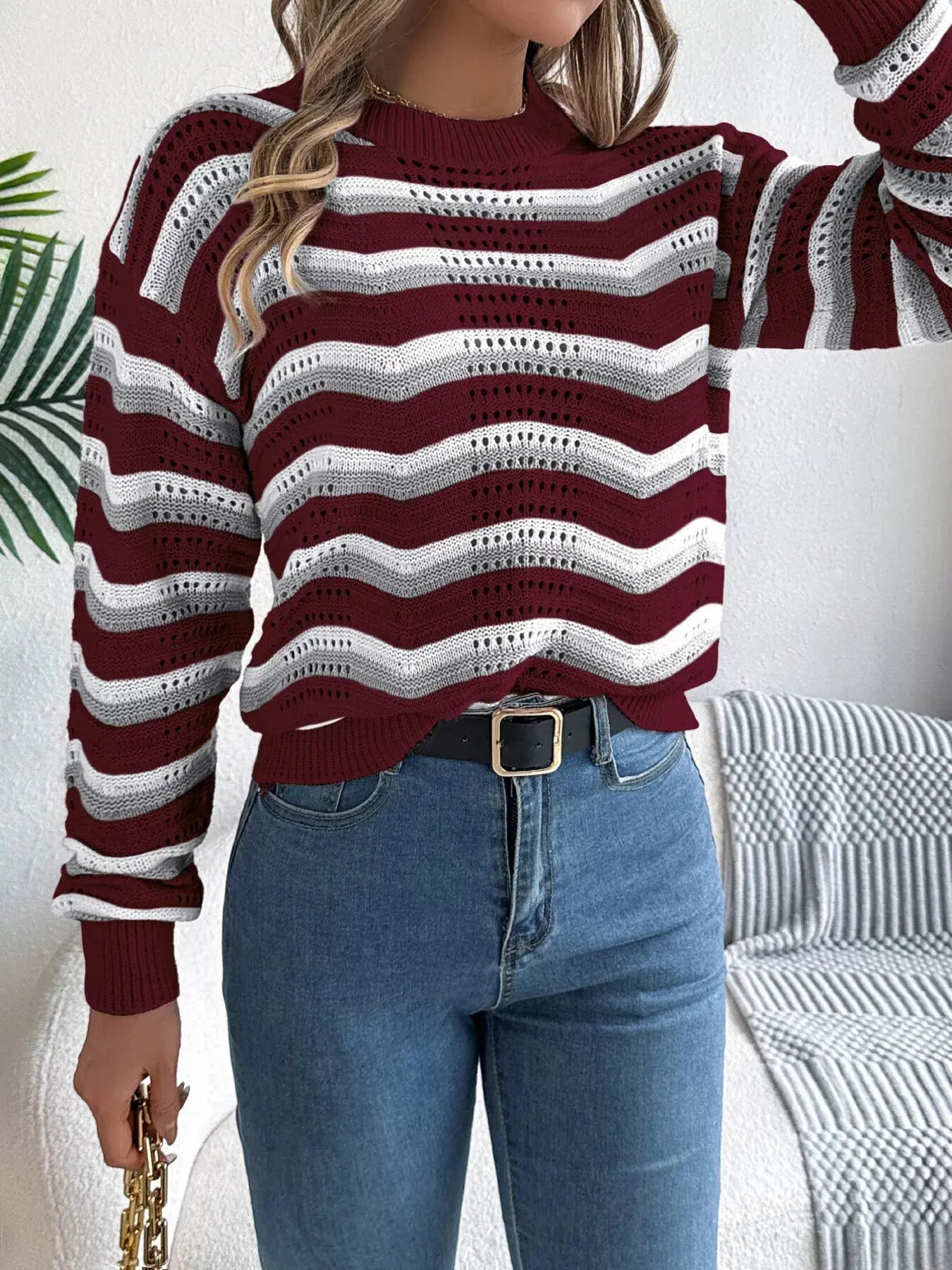 Round Neck Striped Long Sleeve Sweater