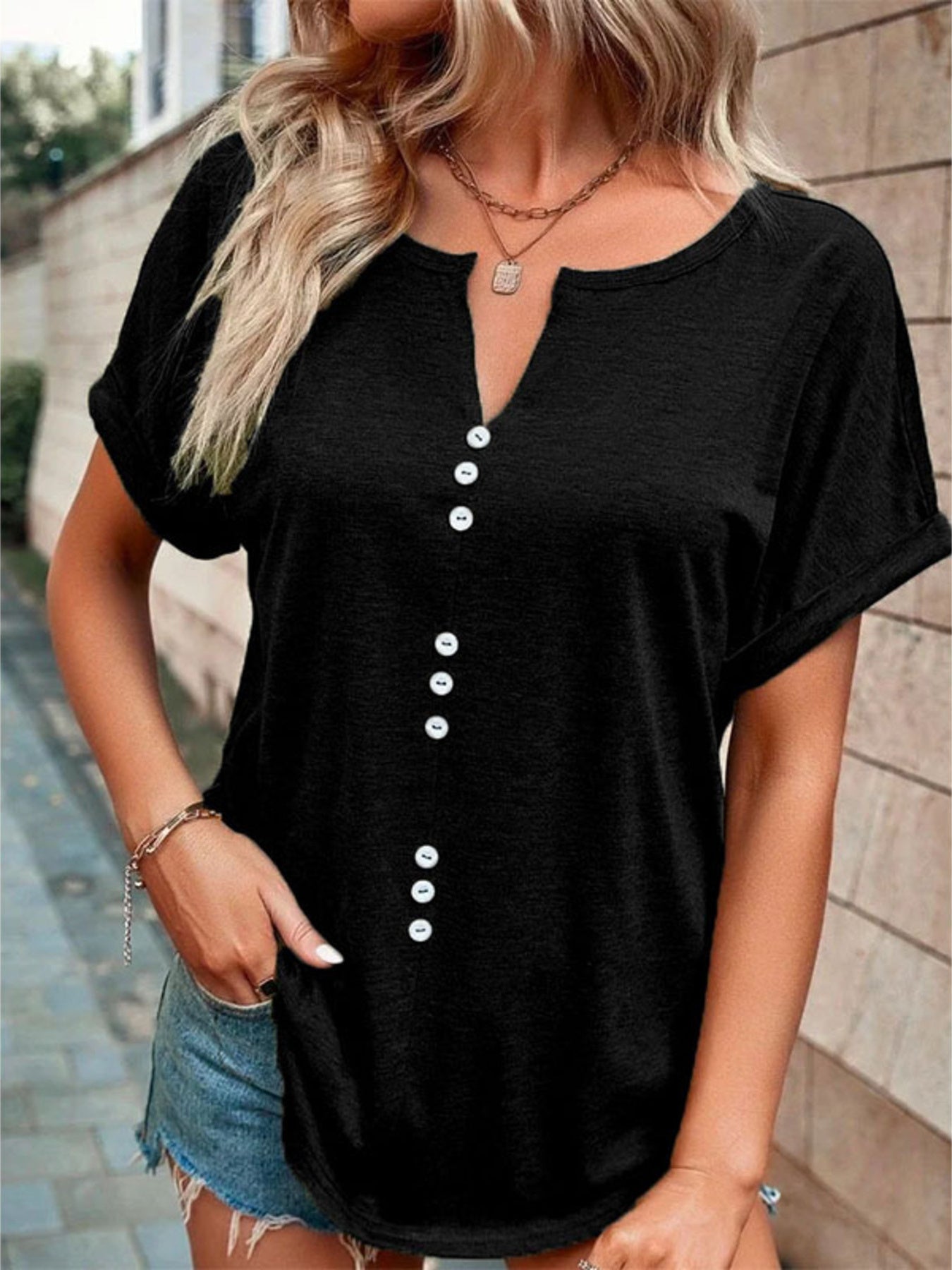 Full Size Decor Button Short Sleeve T Shirt