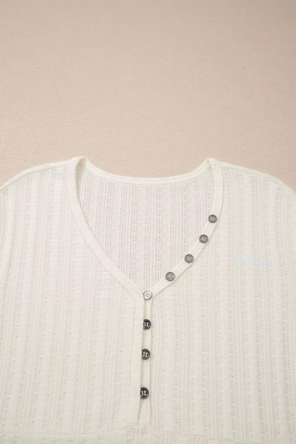 Ribbed Knit Button Detail V Neck T Shirt