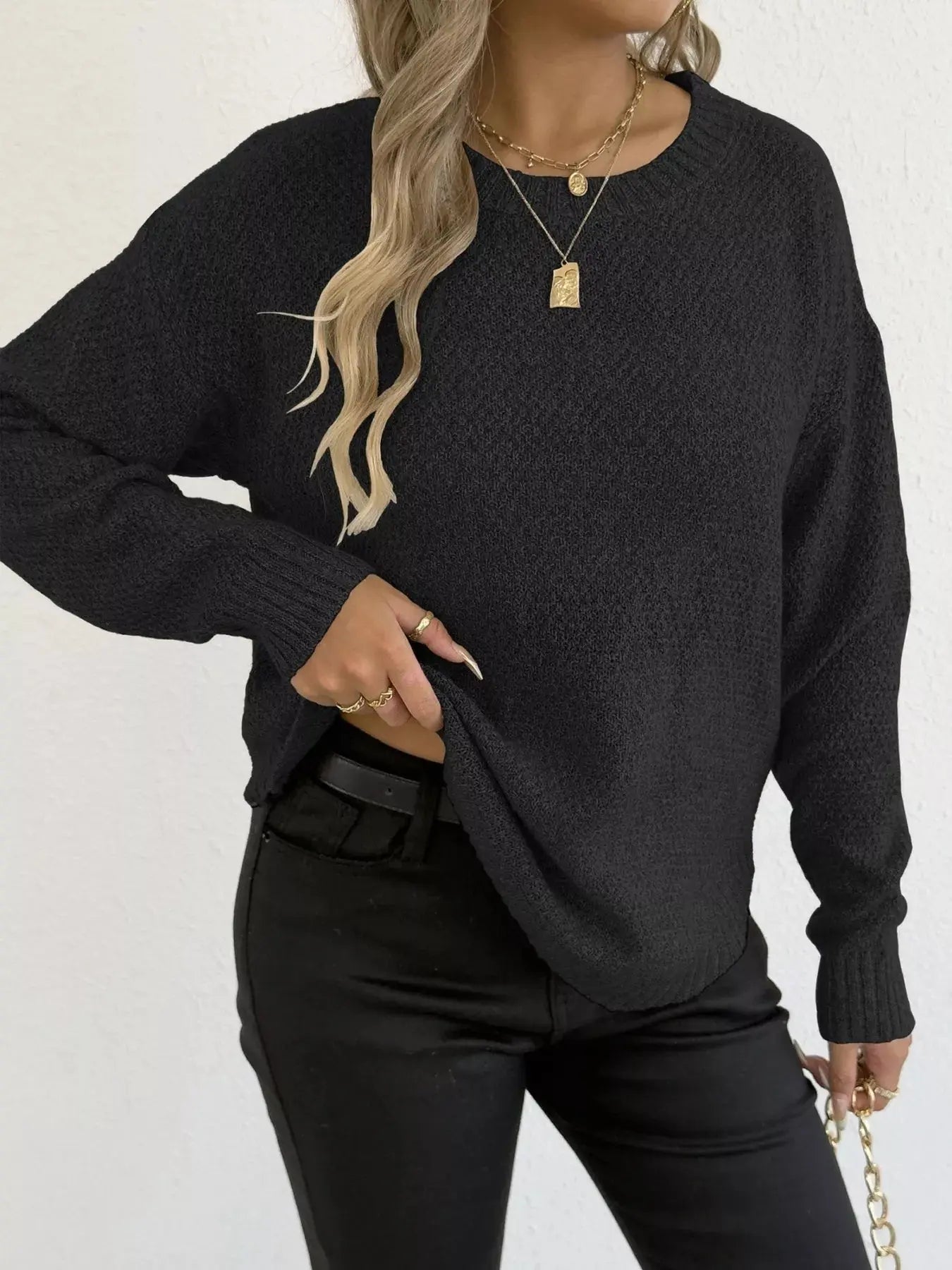 Round Neck Textured Knit Relaxed Fit Sweater