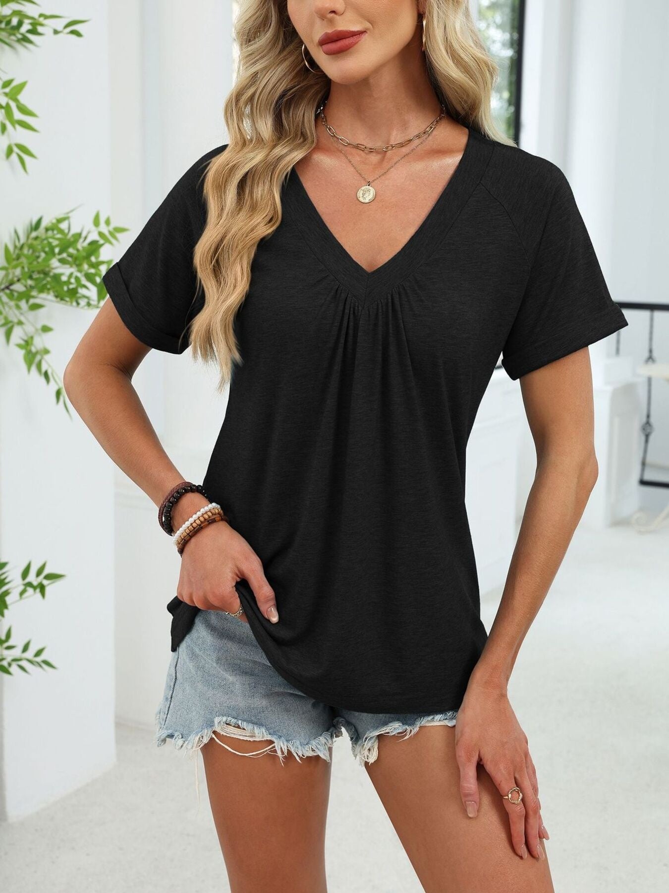 Women's Casual Ruched V Neck Short Sleeve T Shirt