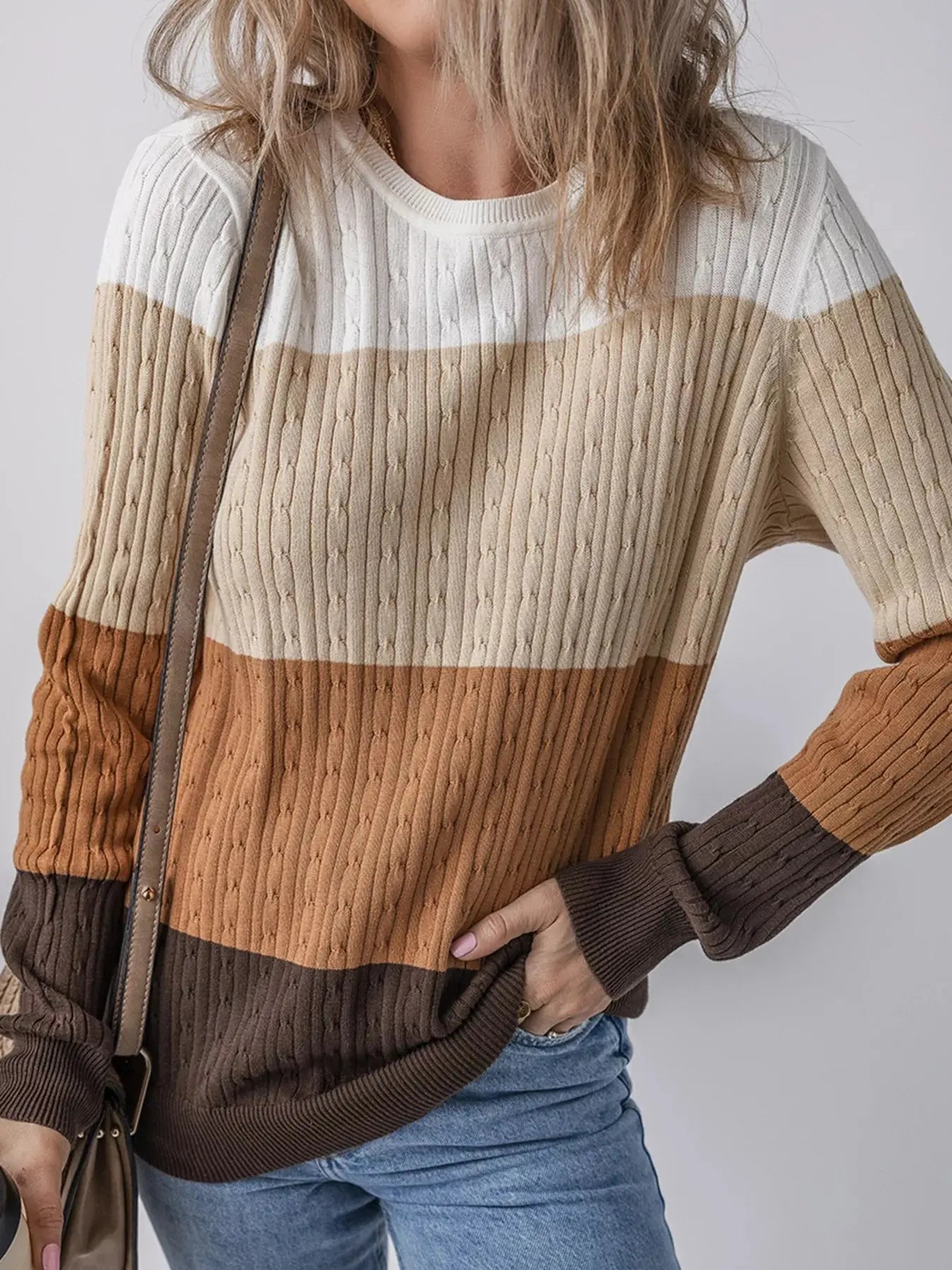 Colorblock Round Neck Cable Knit Sweater