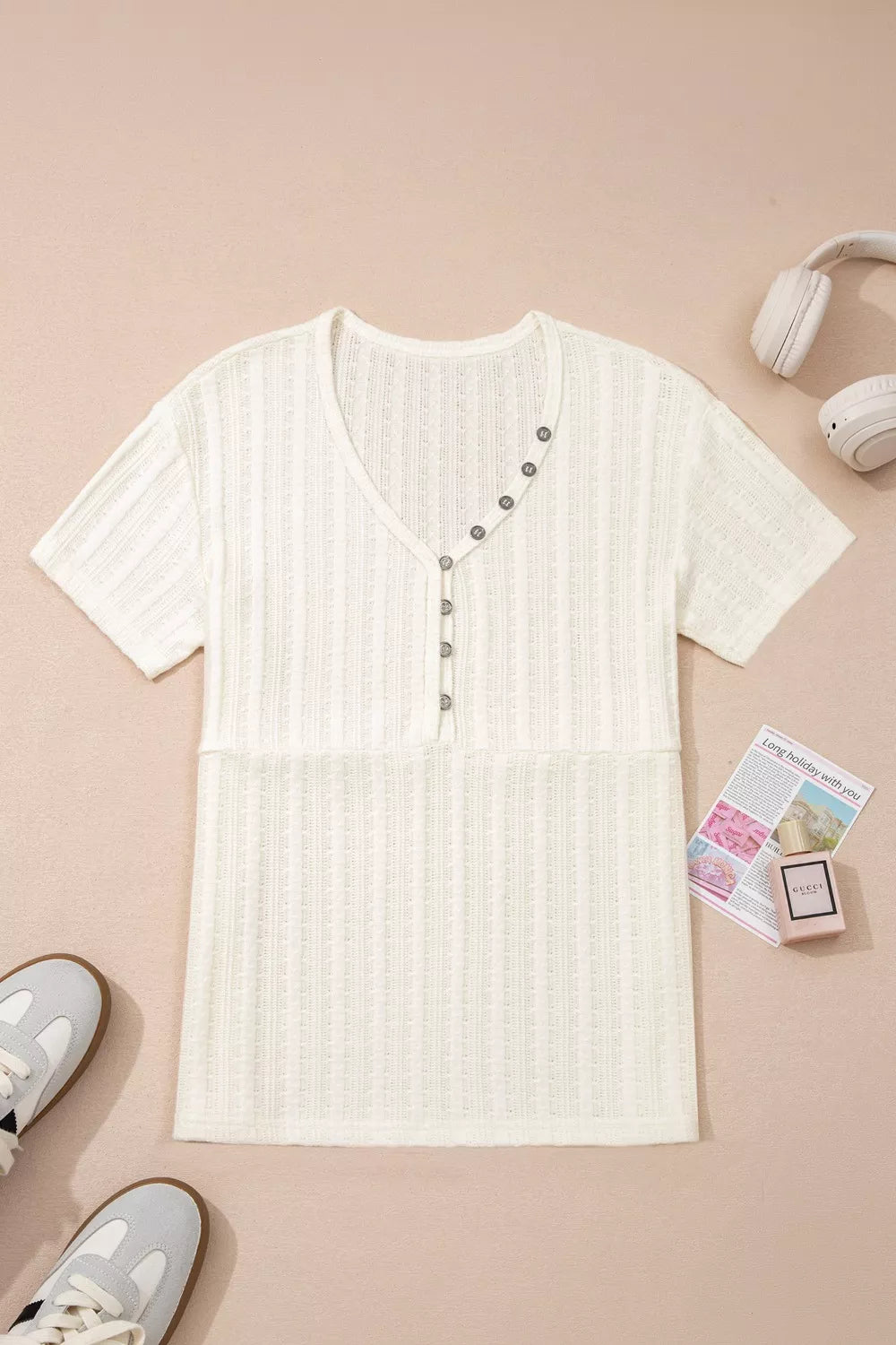 Ribbed Knit Button Detail V Neck T Shirt
