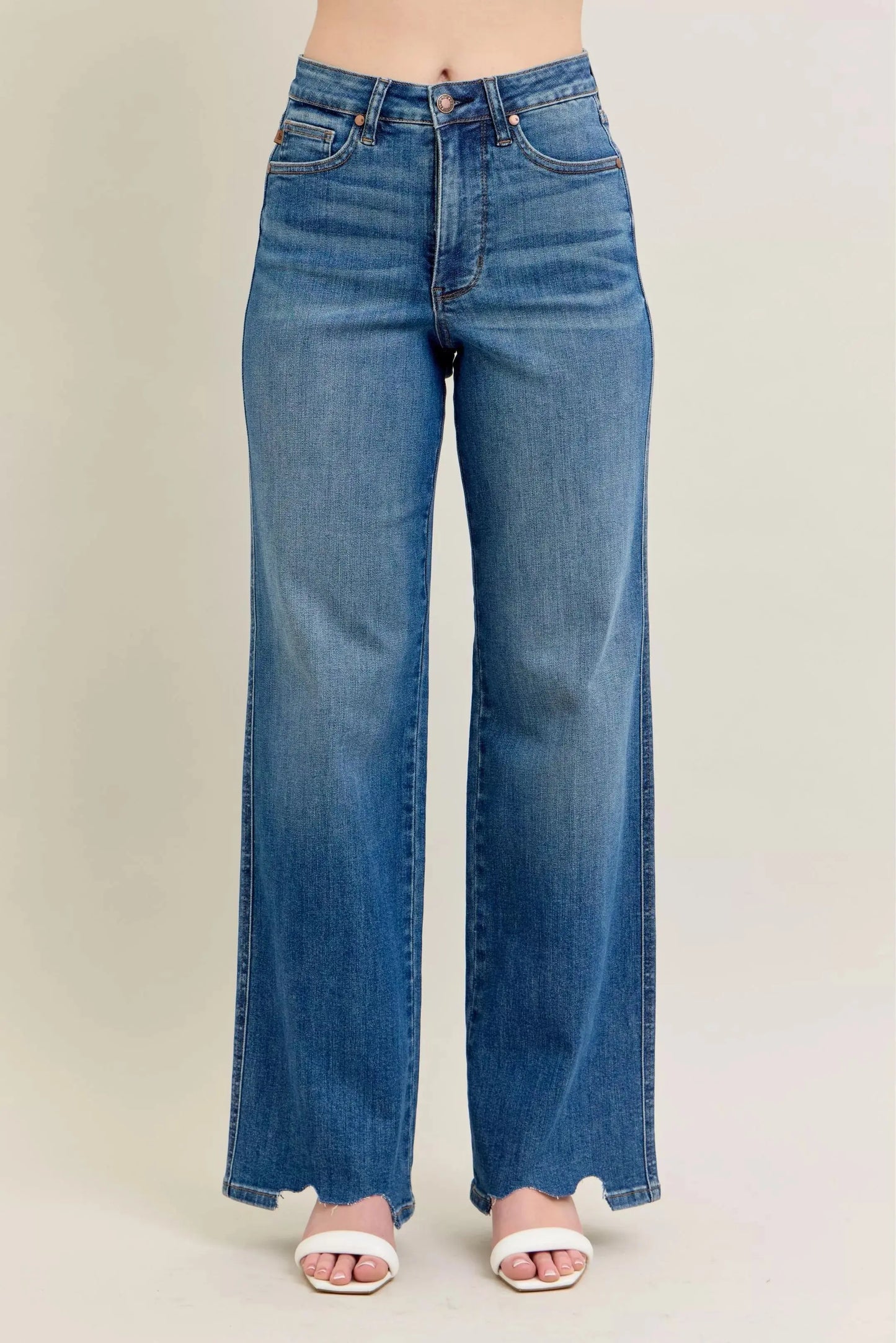 Judy Blue Full Size High Waist Tummy Control Destroy Wide Leg Jeans with Chew Hem