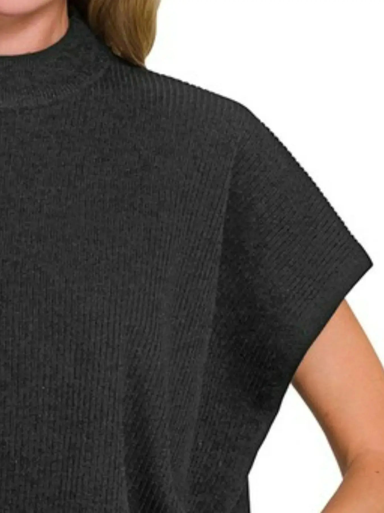 Zenana Black Viscose Mock Neck Short Sleeve Boxy Sweater