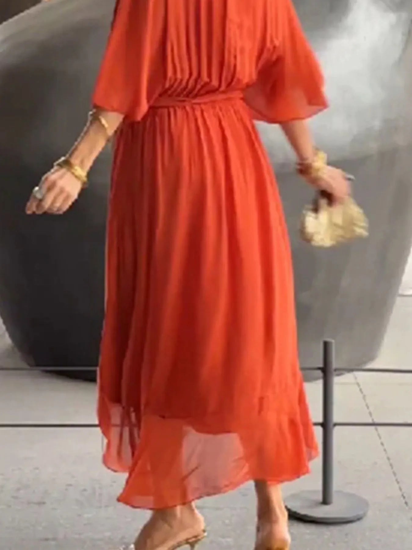 Flowy Tie Front Midi Dress with Flutter Sleeves