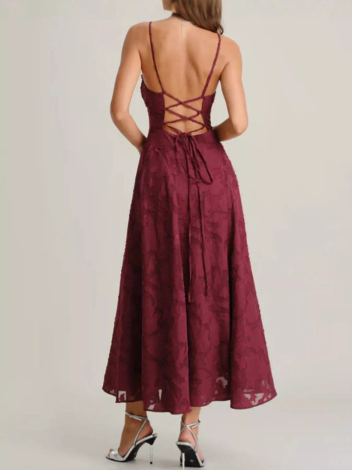 Lace-Up Back Floral Lace Spaghetti Strap Maxi Dress