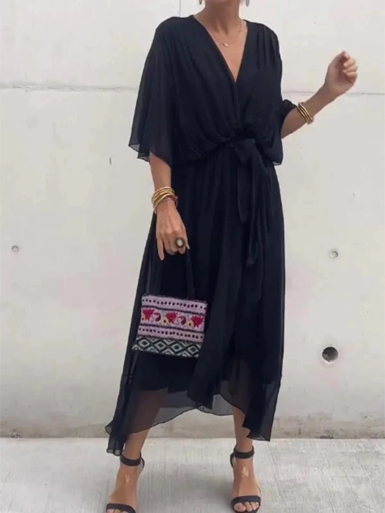 Flowy Tie Front Midi Dress with Flutter Sleeves