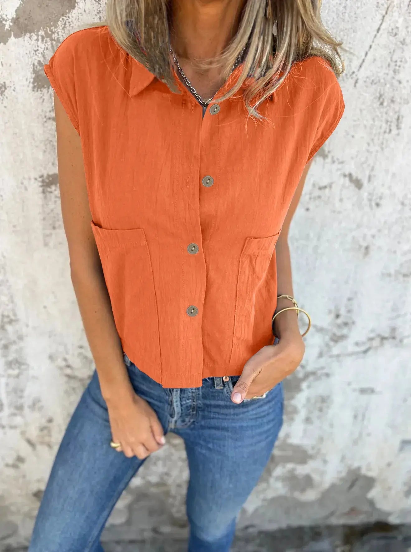 Full Size Cap Sleeve Button Down Linen Shirt
