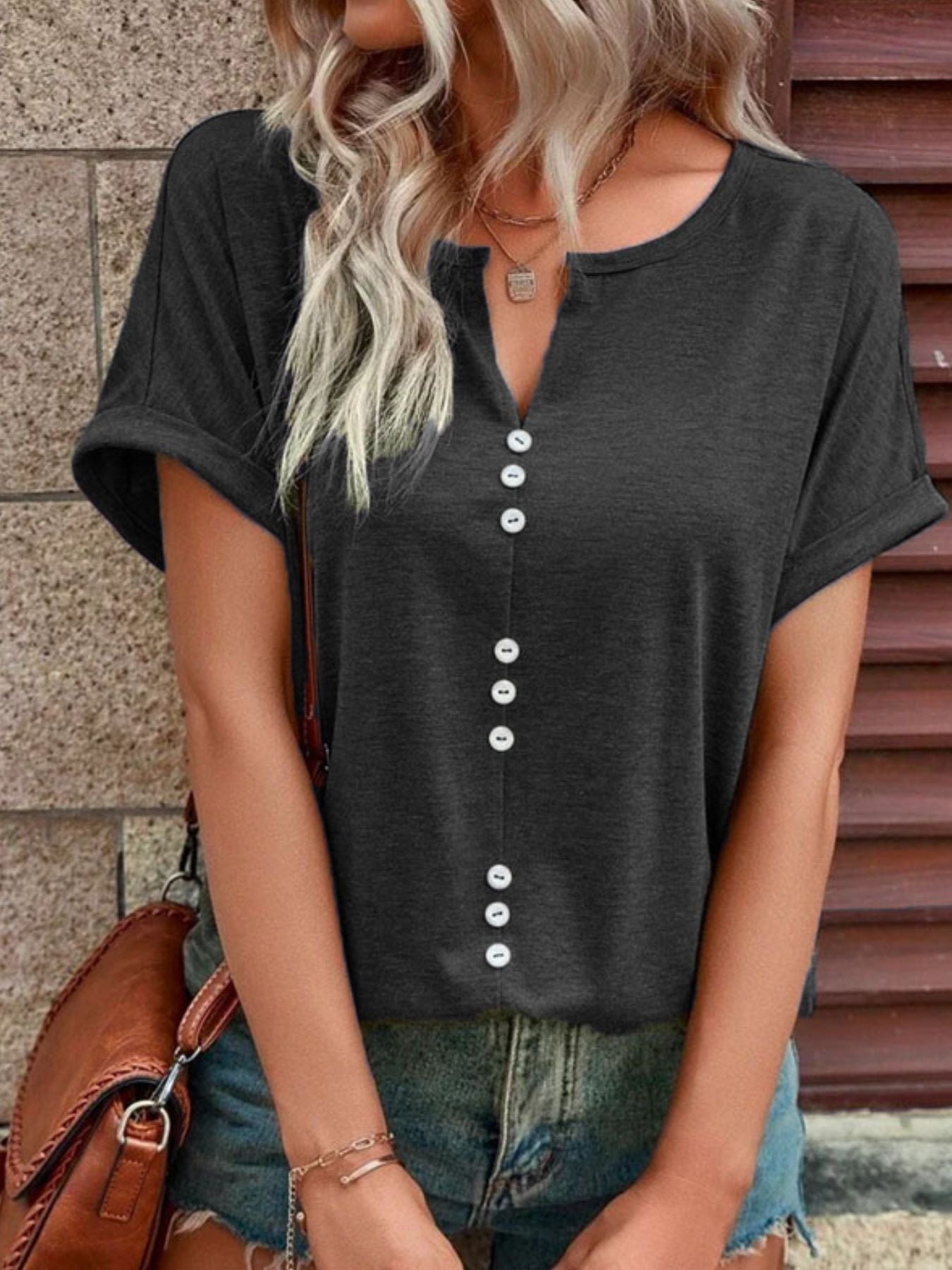 Full Size Decor Button Short Sleeve T Shirt