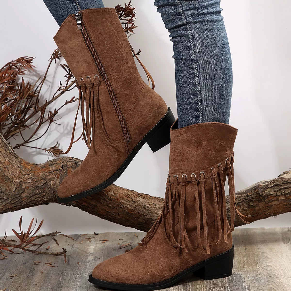 Fringe Western Block Heel Boots