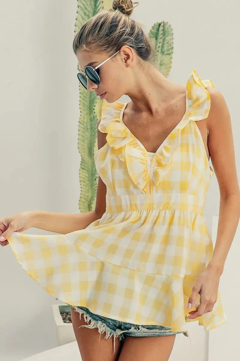 Women's Sleeveless Peplum Top Plaid Peplum Top - Ruffled Sleeveless Tank - Cute Women's Style