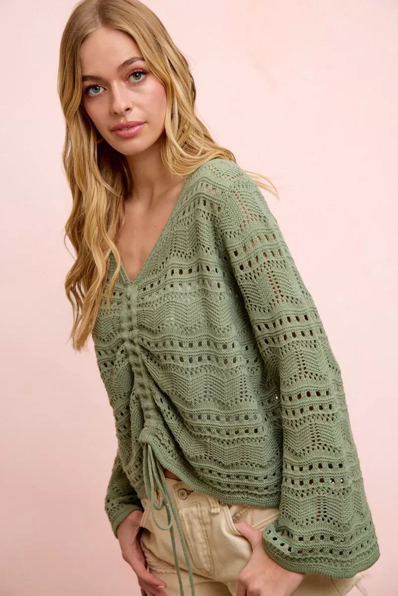 Green Pointelle Knit V Neck Ruched Front Lightweight Top