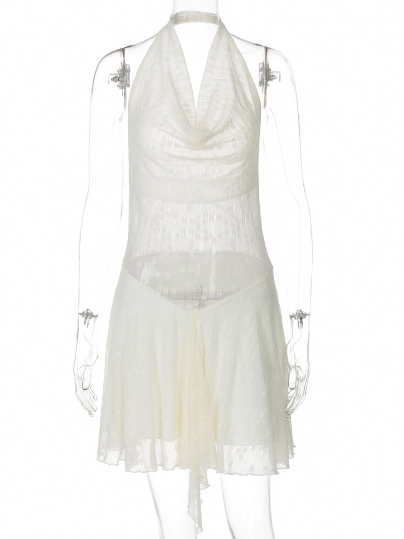 Halter Neck Asymmetrical Hem Cream Color Mini Dress
