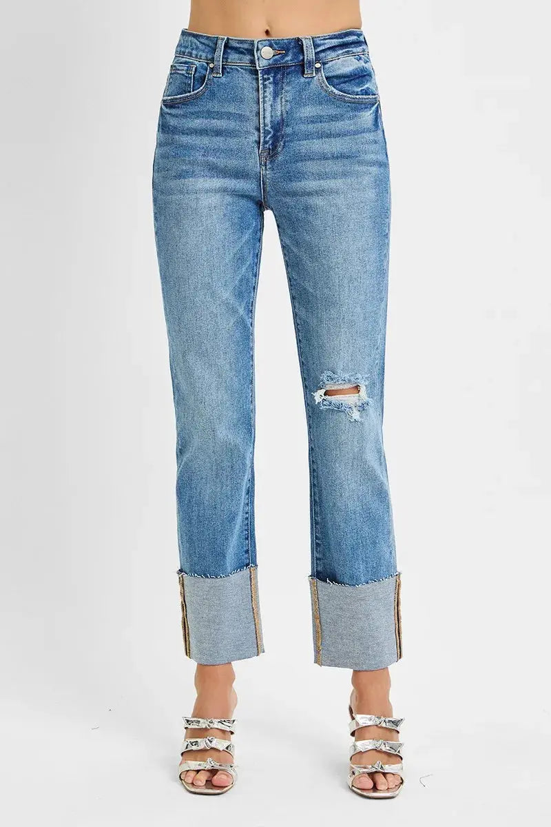 RISEN Jeans - Plus Size High Rise Straight Wide Cuffed Jeans
