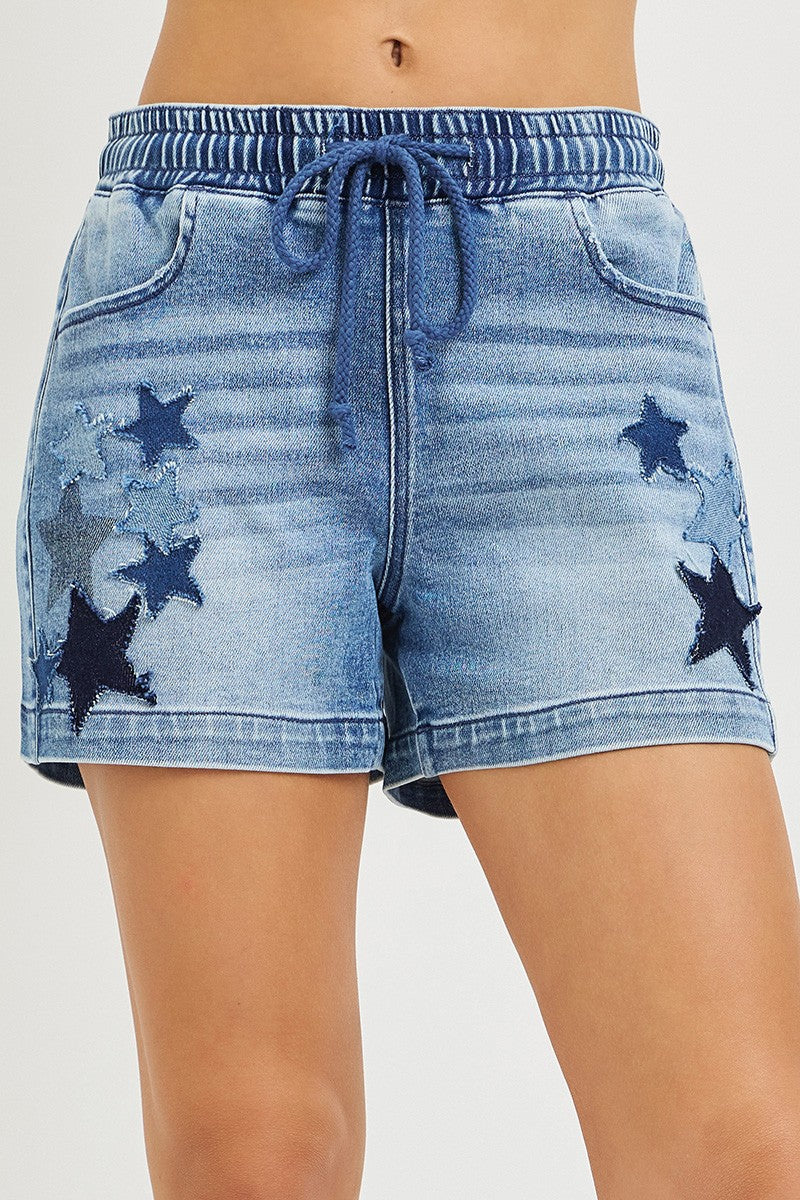 RISEN Star Patch Elastic Waist Denim Shorts