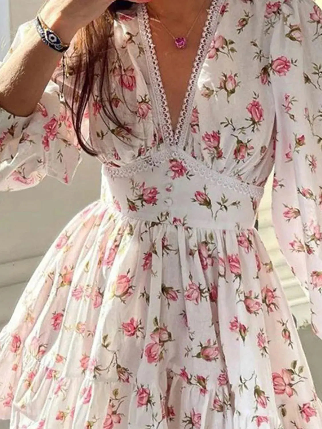 Lace Detail V Neck Balloon Sleeve Dress