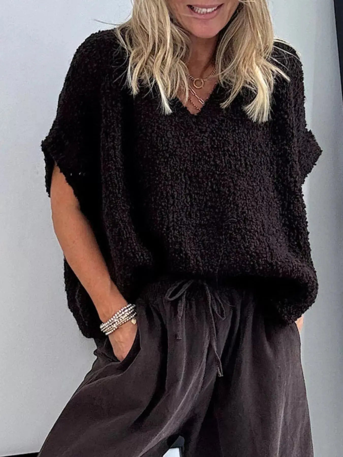 Textured Knit V Neck Sweater