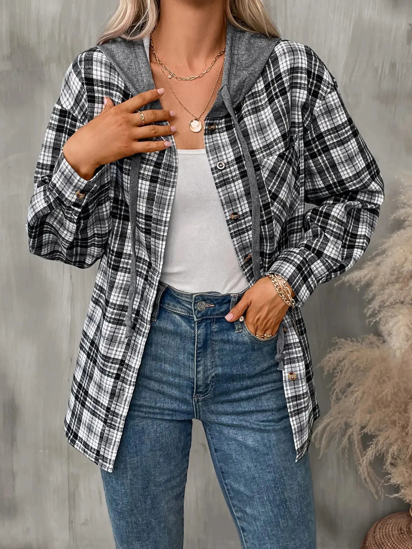 Plaid Button-Up Oversized Hooded Shirt with Chest Pocket
