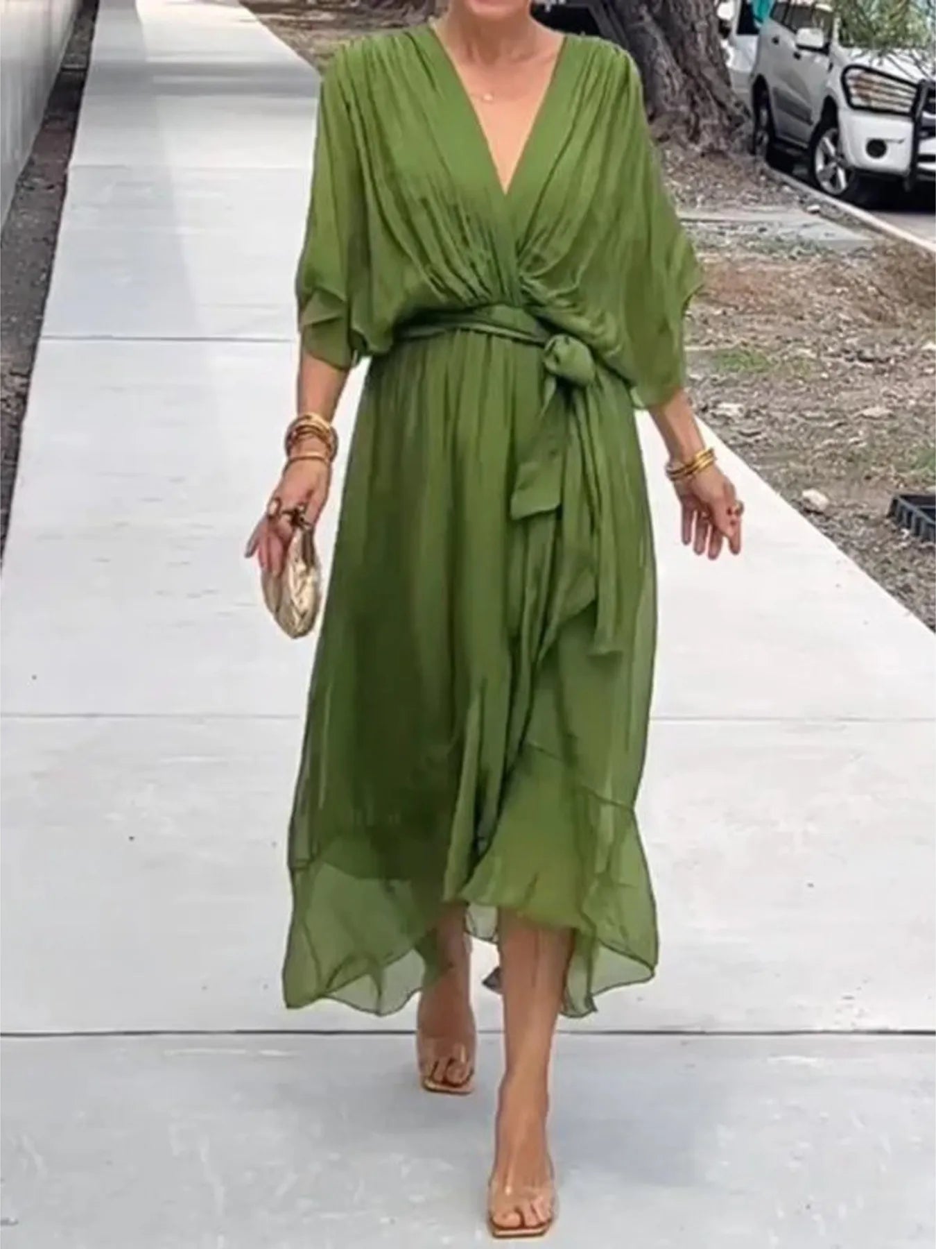 Flowy Tie Front Midi Dress with Flutter Sleeves