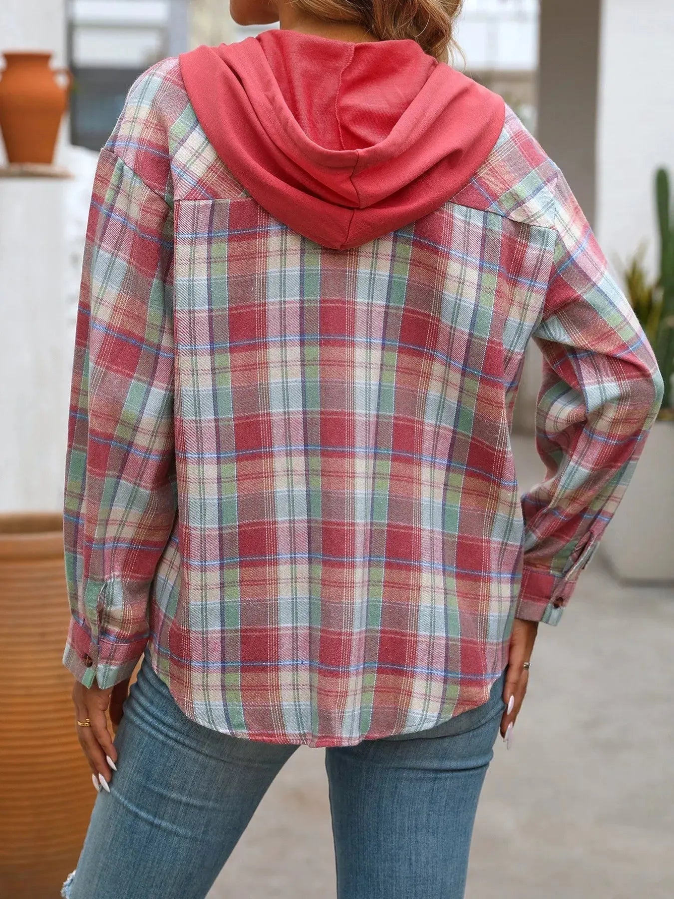 Plaid Button-Up Oversized Hooded Shirt with Chest Pocket