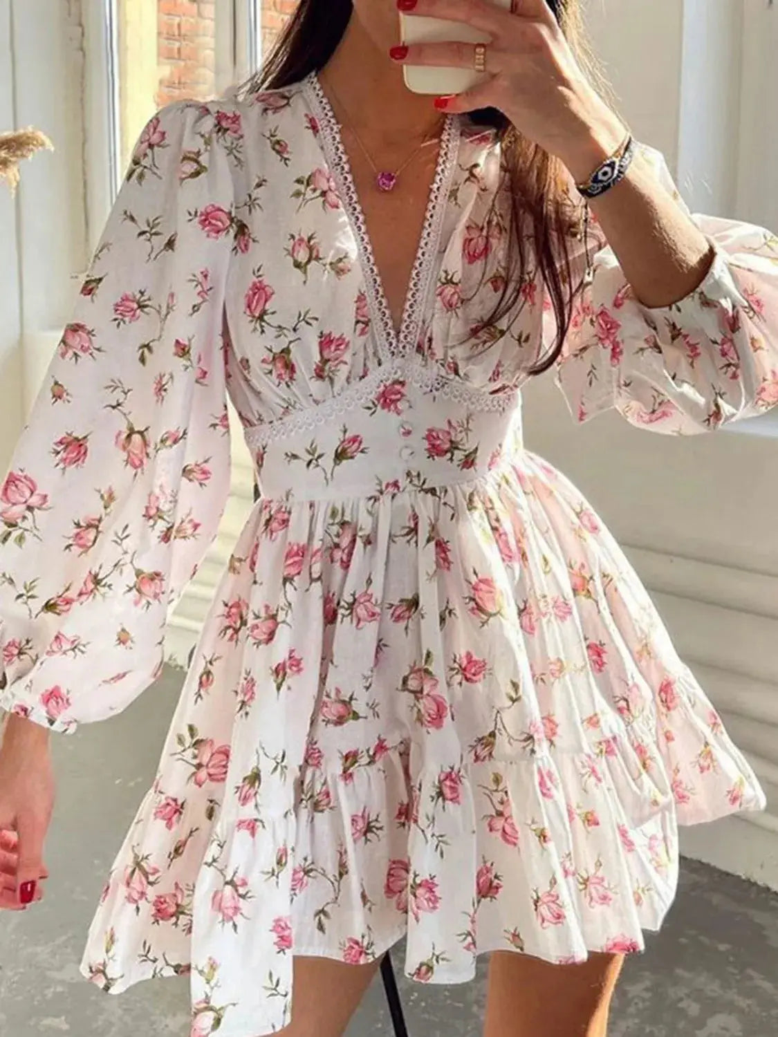 Lace Detail V Neck Balloon Sleeve Dress