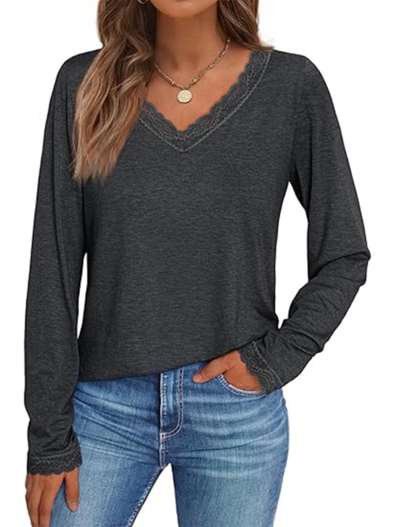 Women's Lace Trim V Neck Long Sleeve Top